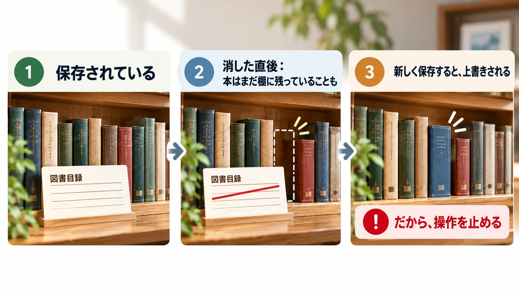 図書館のたとえ：保存されている、消した直後は本が棚に残っていることも、新しく保存すると上書きされる。だから操作を止める