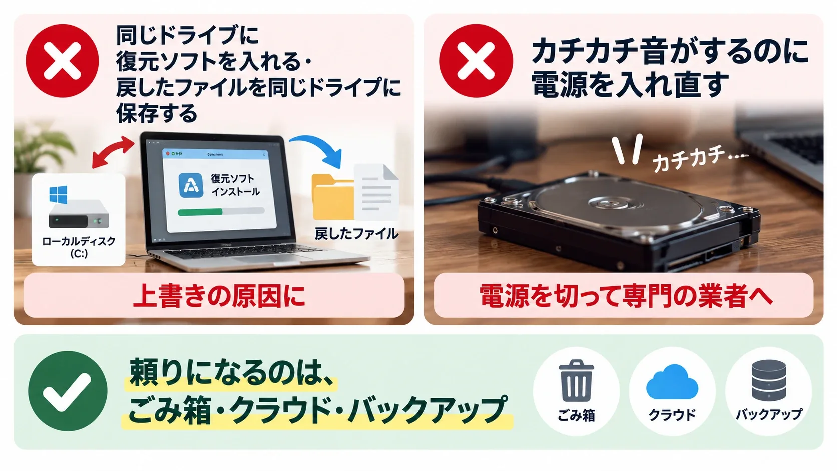 やってはいけないこと：同じドライブに復元ソフトを入れる・戻したファイルを同じドライブに保存する、カチカチ音がするのに電源を入れ直す。頼りになるのはごみ箱・クラウド・バックアップ