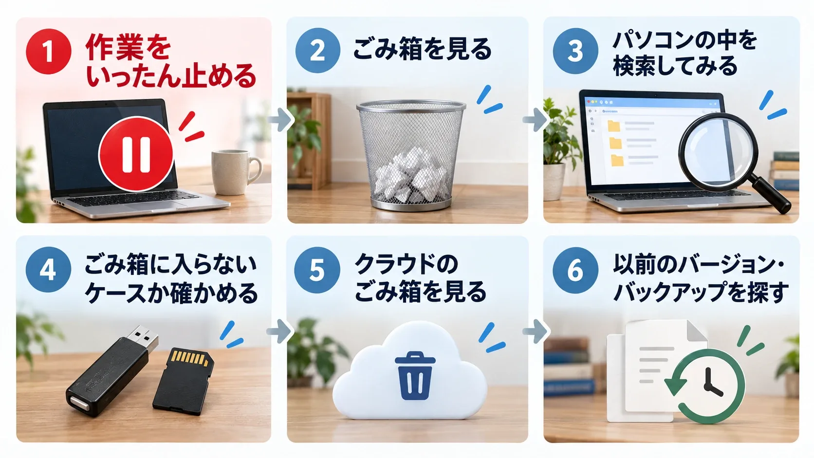 確かめる順番：作業を止める、ごみ箱を見る、パソコンの中を検索、ごみ箱に入らないケースか確かめる、クラウドのごみ箱を見る、以前のバージョン・バックアップを探す