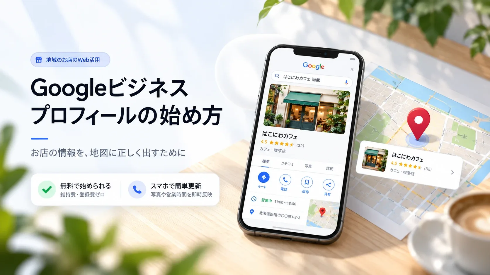 Googleビジネスプロフィールの始め方。スマホに表示されたお店の情報と地図のピン